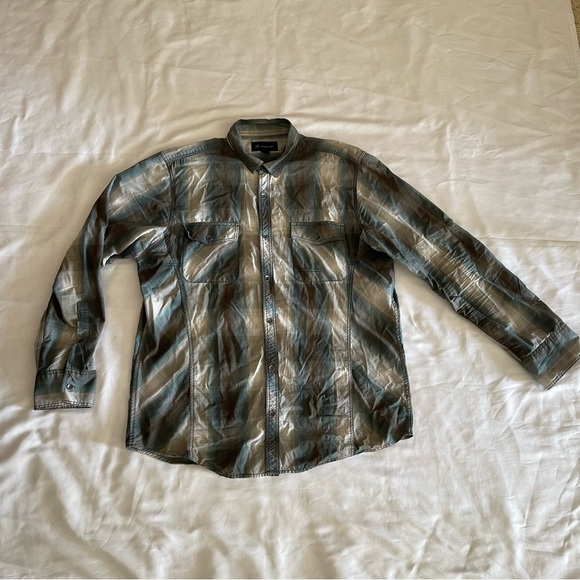 INC International Concepts Grey and Green Plaid Long Sleeve Collared Shirt - Picture 2 of 5